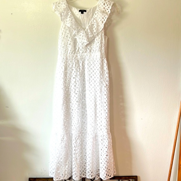 J. Crew Dresses & Skirts - J. Crew White Eyelet Sleeveless Ruffle V-Neck Midi Dress
